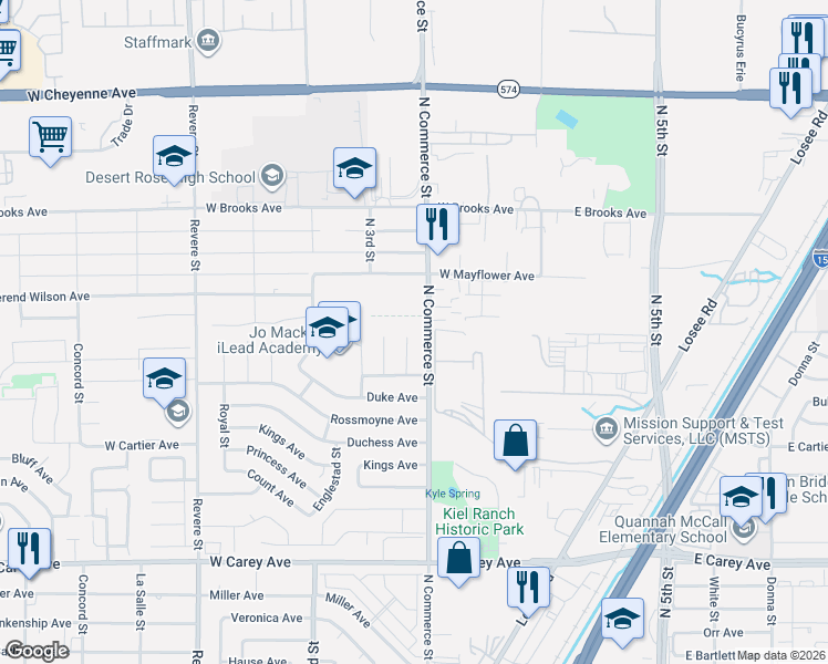 map of restaurants, bars, coffee shops, grocery stores, and more near 2725 North Commerce Street in North Las Vegas