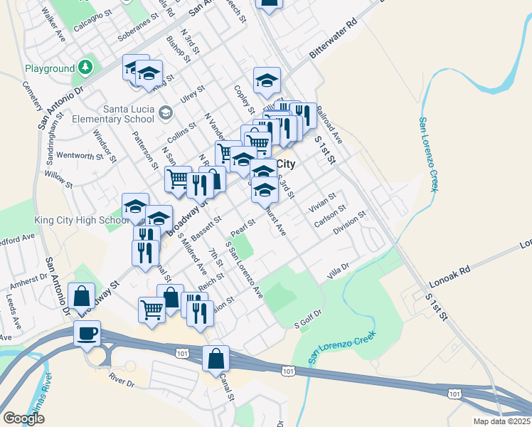 map of restaurants, bars, coffee shops, grocery stores, and more near 415 Pearl Street in King City