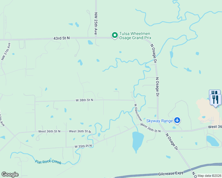 map of restaurants, bars, coffee shops, grocery stores, and more near 2127 West 38th Street North in Tulsa
