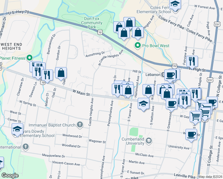map of restaurants, bars, coffee shops, grocery stores, and more near 107 Greenlawn Drive in Lebanon