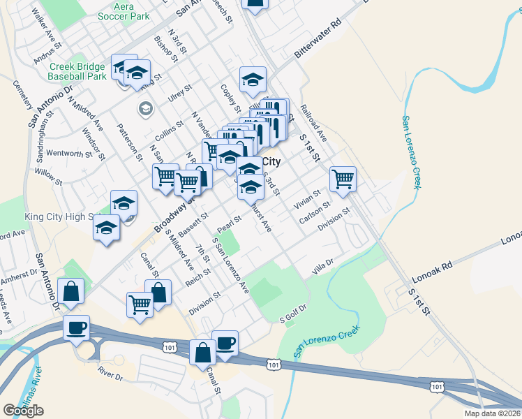 map of restaurants, bars, coffee shops, grocery stores, and more near in King City