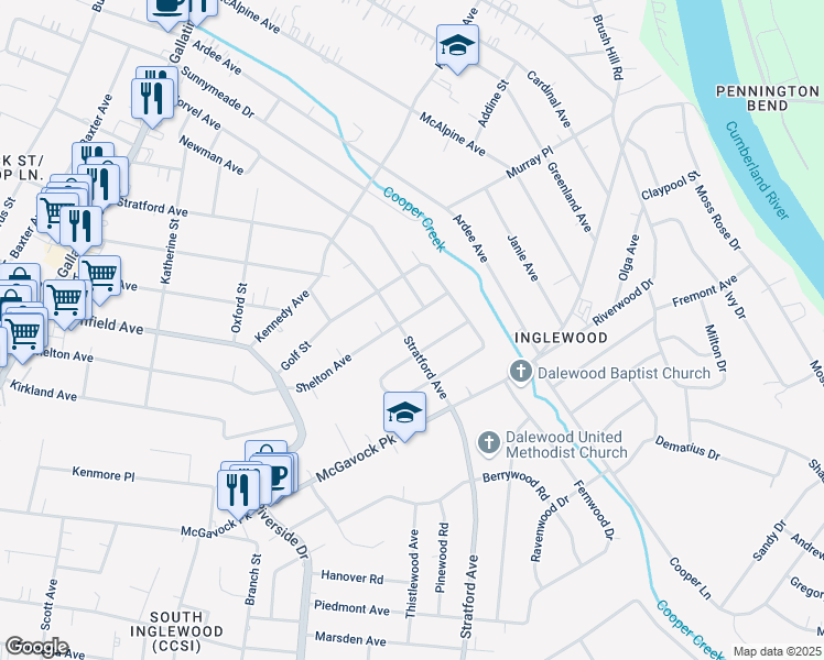 map of restaurants, bars, coffee shops, grocery stores, and more near 1617 Stratford Avenue in Nashville