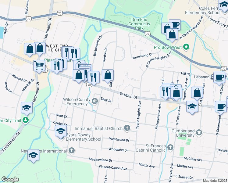 map of restaurants, bars, coffee shops, grocery stores, and more near 900 West Main Street in Lebanon