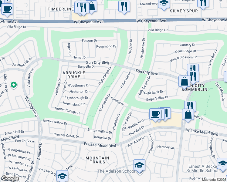 map of restaurants, bars, coffee shops, grocery stores, and more near 2712 Youngdale Drive in Las Vegas