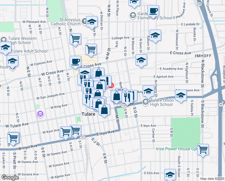 map of restaurants, bars, coffee shops, grocery stores, and more near 219 North M Street in Tulare