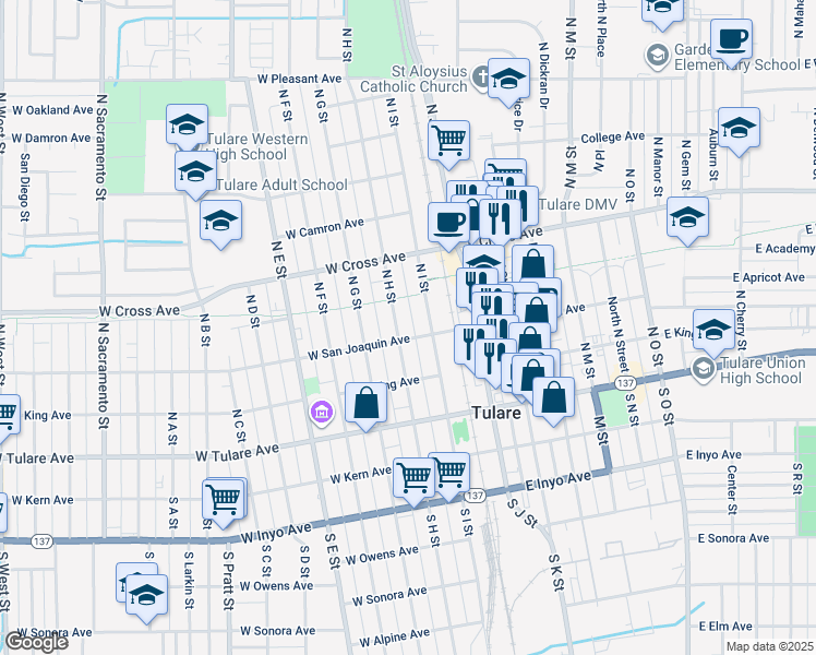 map of restaurants, bars, coffee shops, grocery stores, and more near in Tulare