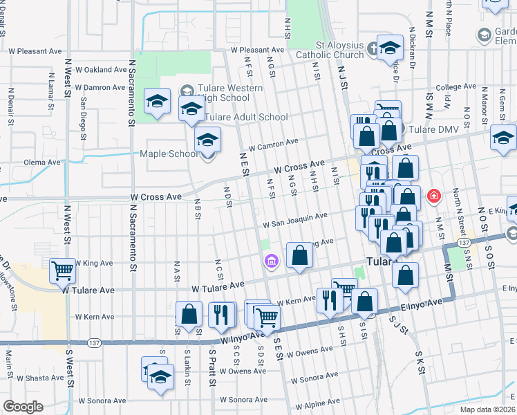 map of restaurants, bars, coffee shops, grocery stores, and more near 314 North E Street in Tulare