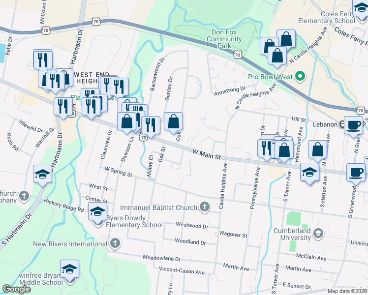 map of restaurants, bars, coffee shops, grocery stores, and more near 900 West Main Street in Lebanon