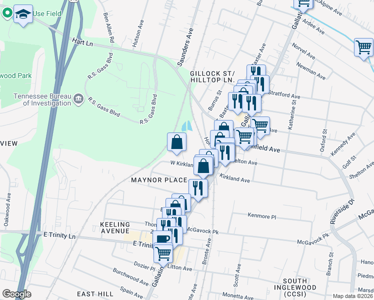 map of restaurants, bars, coffee shops, grocery stores, and more near 1005 West Kirkland Avenue in Nashville