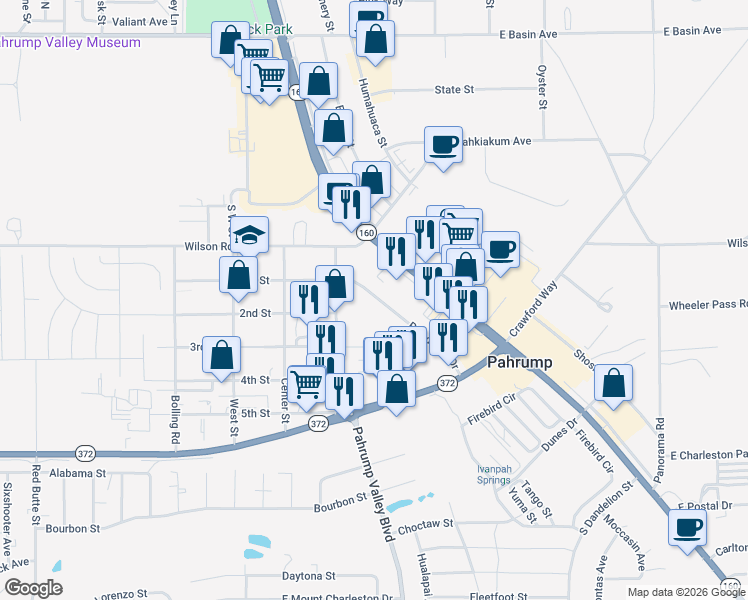 map of restaurants, bars, coffee shops, grocery stores, and more near 620 Raindance Drive in Pahrump