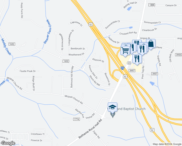 map of restaurants, bars, coffee shops, grocery stores, and more near 1340 Aurora Glen Drive in Rural Hall