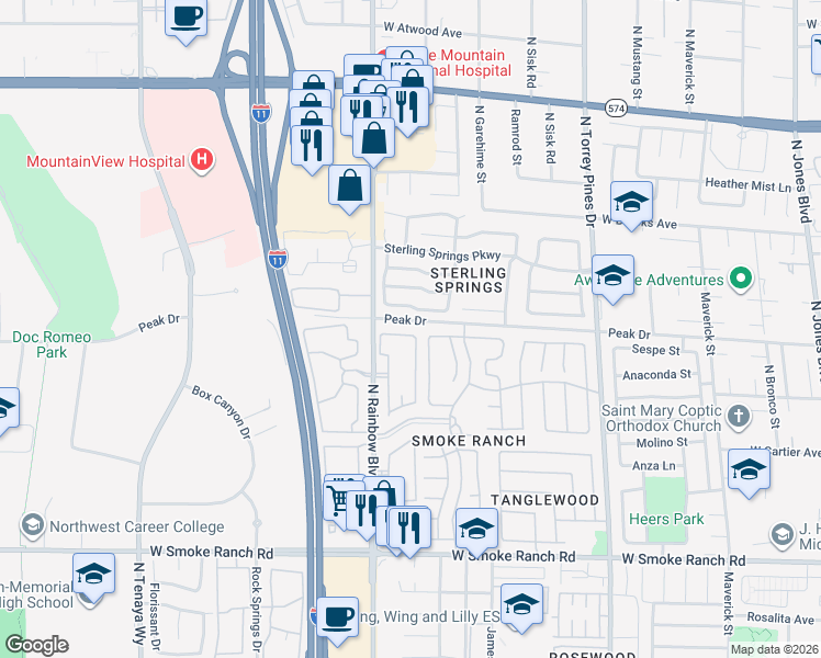 map of restaurants, bars, coffee shops, grocery stores, and more near 2700 North Rainbow Boulevard in Las Vegas