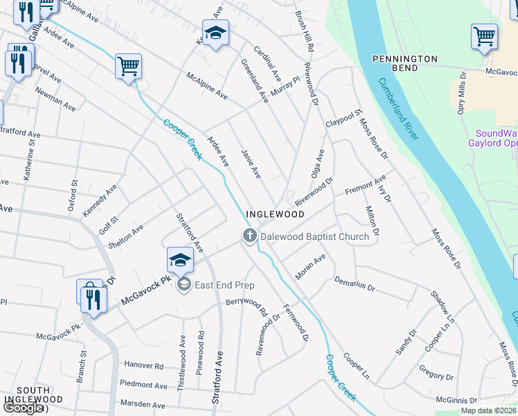 map of restaurants, bars, coffee shops, grocery stores, and more near 1803 McGavock Pike in Nashville