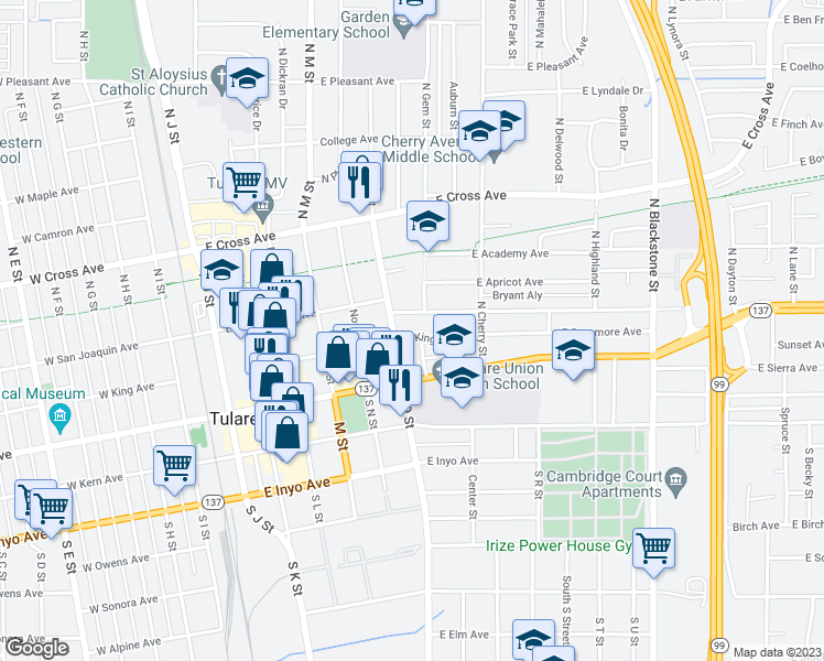 map of restaurants, bars, coffee shops, grocery stores, and more near 640 East King Avenue in Tulare