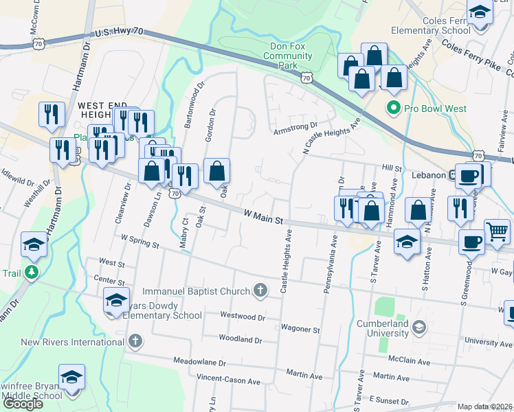 map of restaurants, bars, coffee shops, grocery stores, and more near 728 West Main Street in Lebanon