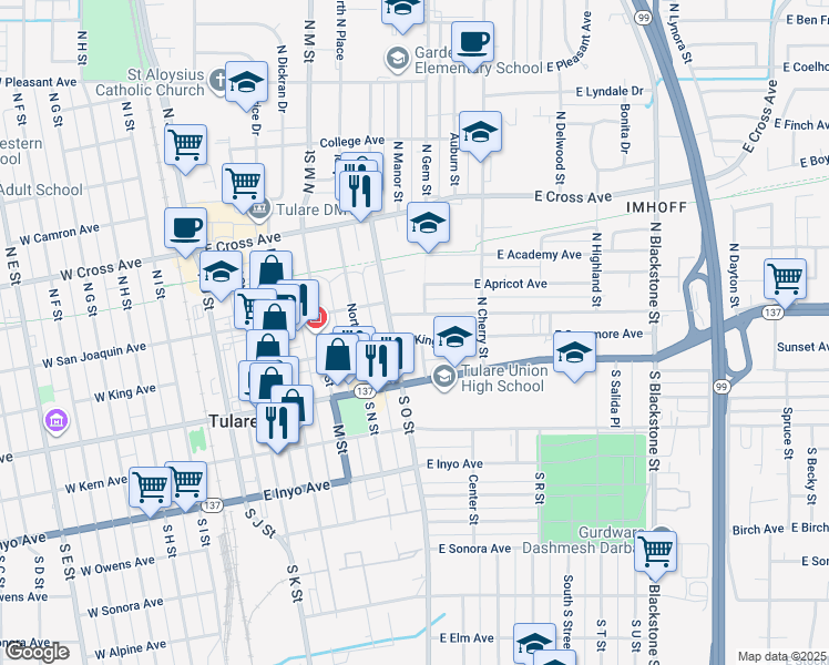 map of restaurants, bars, coffee shops, grocery stores, and more near 140-198 North Madden Street in Tulare