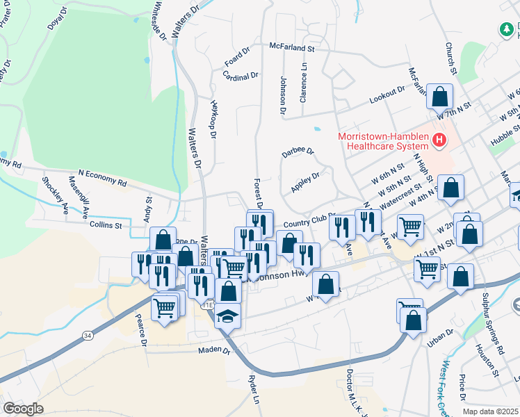 map of restaurants, bars, coffee shops, grocery stores, and more near 708 Forest Drive in Morristown