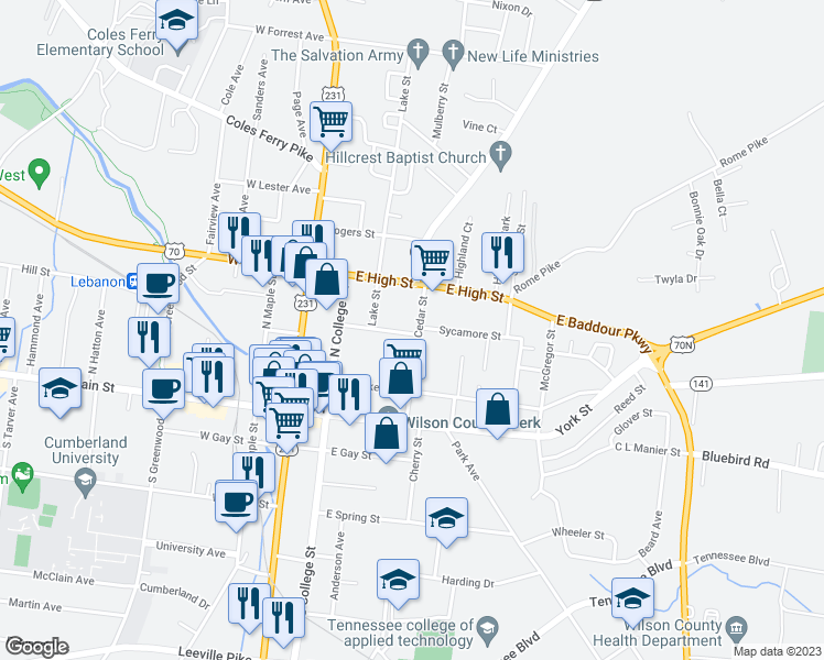 map of restaurants, bars, coffee shops, grocery stores, and more near 302 Cedar Street in Lebanon