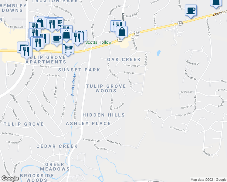 map of restaurants, bars, coffee shops, grocery stores, and more near 524 Debbie Drive in Nashville