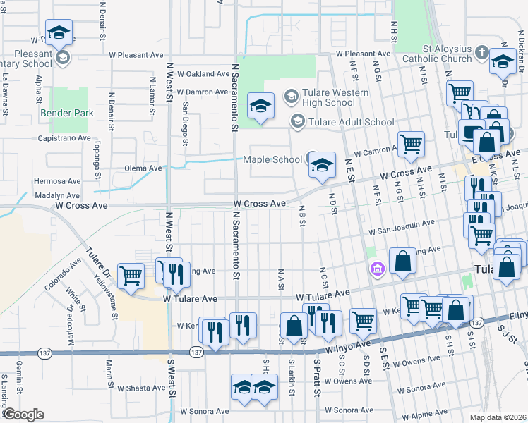 map of restaurants, bars, coffee shops, grocery stores, and more near 388 North California Street in Tulare