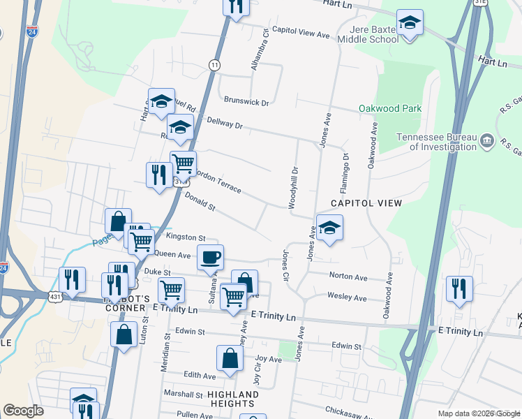map of restaurants, bars, coffee shops, grocery stores, and more near 31 Gerald Street in Nashville