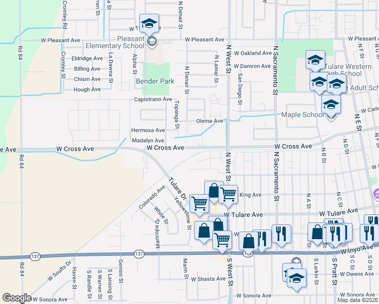 map of restaurants, bars, coffee shops, grocery stores, and more near Tulare Santa Fe Trail in Tulare