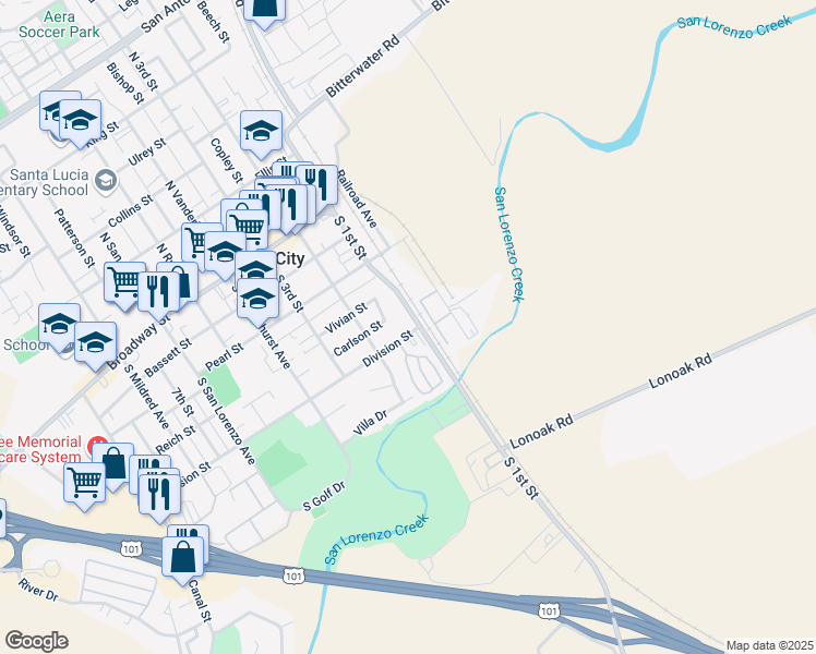 map of restaurants, bars, coffee shops, grocery stores, and more near 430 South 1st Street in King City