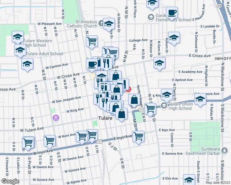 map of restaurants, bars, coffee shops, grocery stores, and more near 227 East San Joaquin Avenue in Tulare