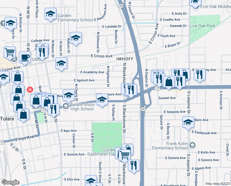 map of restaurants, bars, coffee shops, grocery stores, and more near 1042 East Tulare Avenue in Tulare