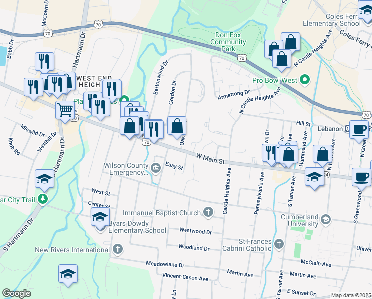 map of restaurants, bars, coffee shops, grocery stores, and more near 900 West Main Street in Lebanon