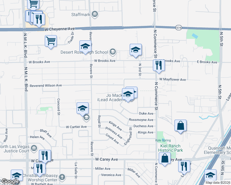 map of restaurants, bars, coffee shops, grocery stores, and more near Windsor Avenue in North Las Vegas
