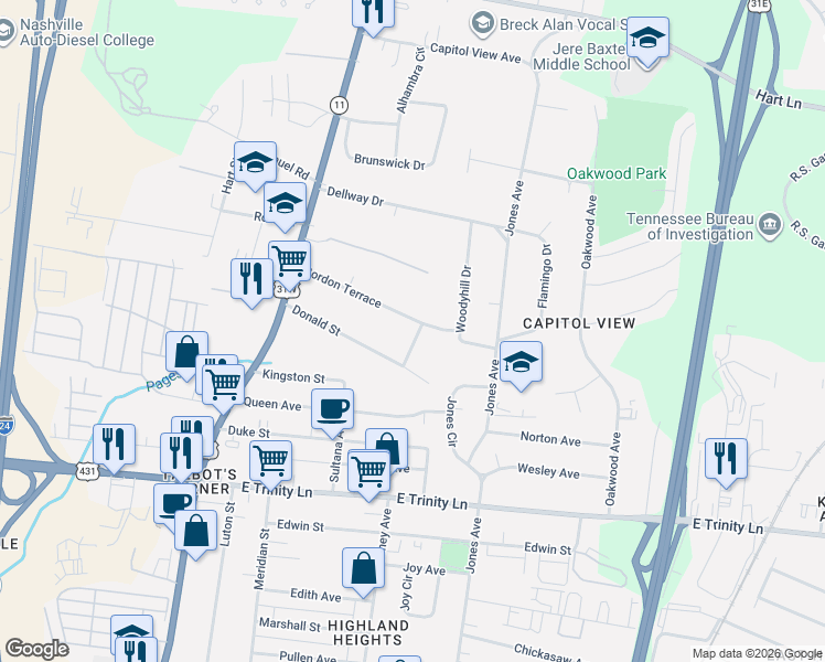 map of restaurants, bars, coffee shops, grocery stores, and more near 142 Gordon Terrace in Nashville