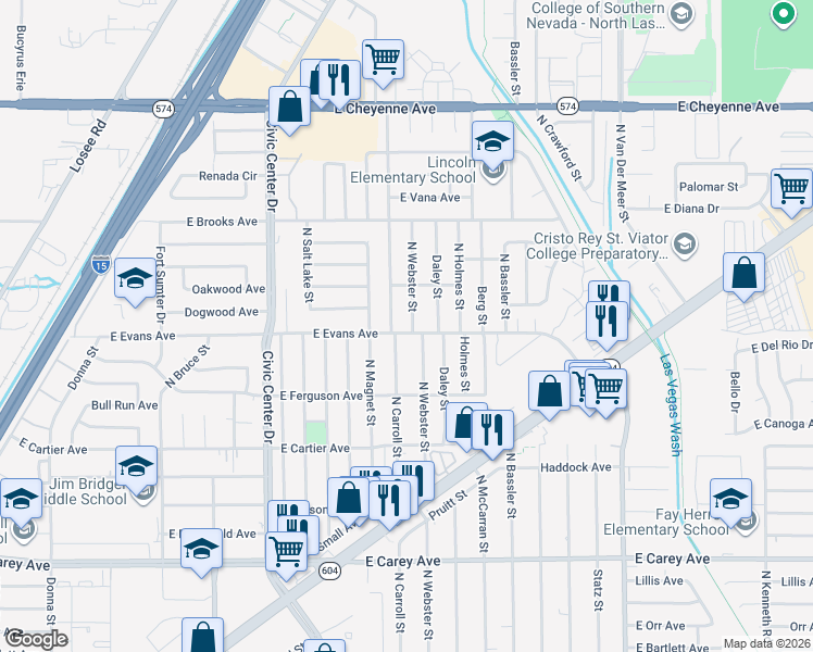 map of restaurants, bars, coffee shops, grocery stores, and more near 2801 North Webster Street in North Las Vegas