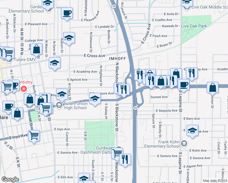 map of restaurants, bars, coffee shops, grocery stores, and more near 1088 East Sycamore Avenue in Tulare