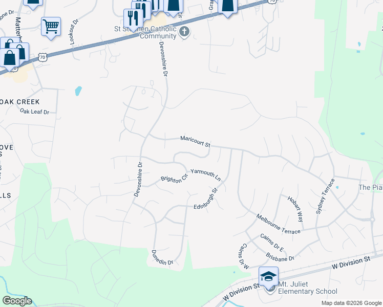 map of restaurants, bars, coffee shops, grocery stores, and more near 1433 Brownstone Street in Mt. Juliet