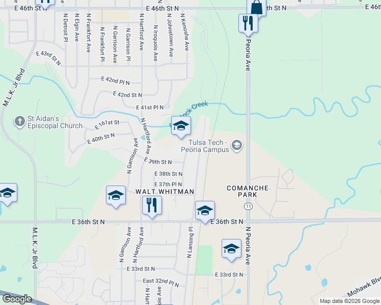 map of restaurants, bars, coffee shops, grocery stores, and more near 3909 North Lansing Avenue in Tulsa