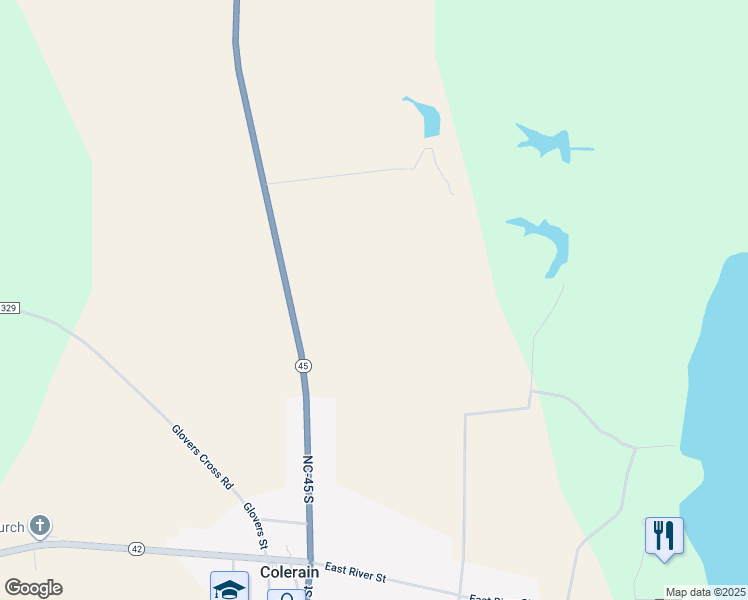 map of restaurants, bars, coffee shops, grocery stores, and more near 2624 North Carolina 45 in Colerain