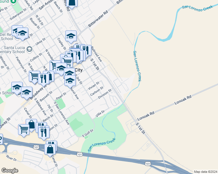 map of restaurants, bars, coffee shops, grocery stores, and more near 430 South 1st Street in King City