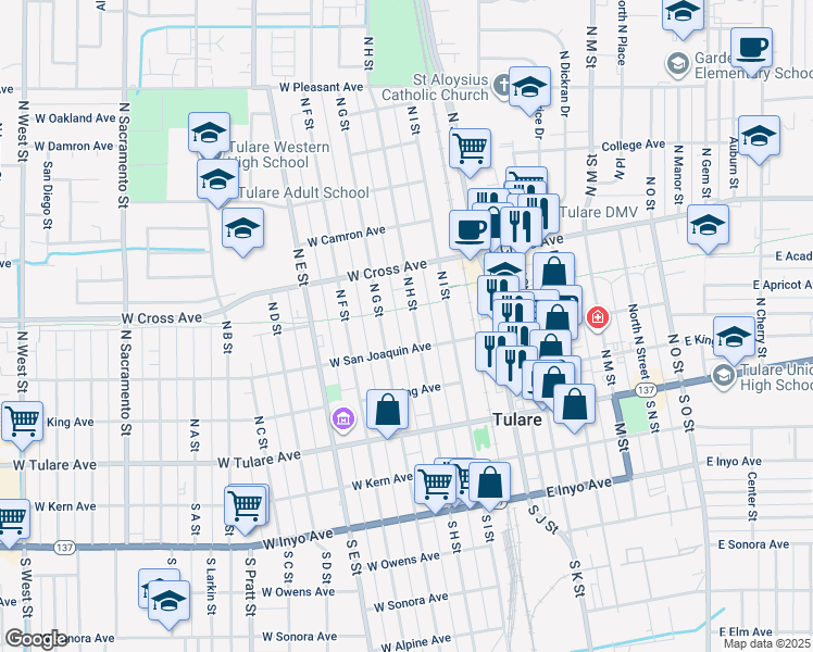 map of restaurants, bars, coffee shops, grocery stores, and more near 246 West San Joaquin Avenue in Tulare