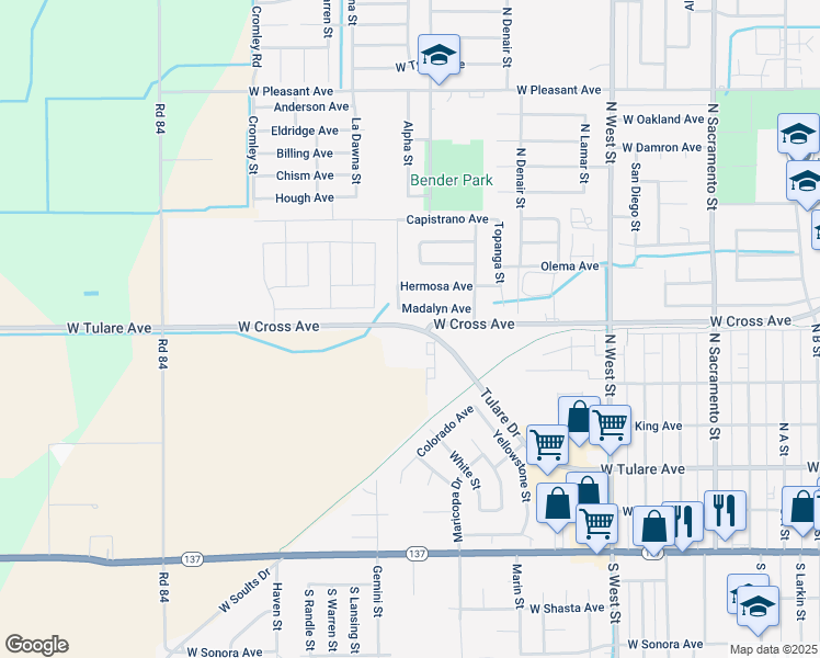 map of restaurants, bars, coffee shops, grocery stores, and more near 1901 West Tulare Avenue in Tulare