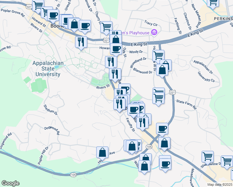 map of restaurants, bars, coffee shops, grocery stores, and more near 120 Faculty Street in Boone