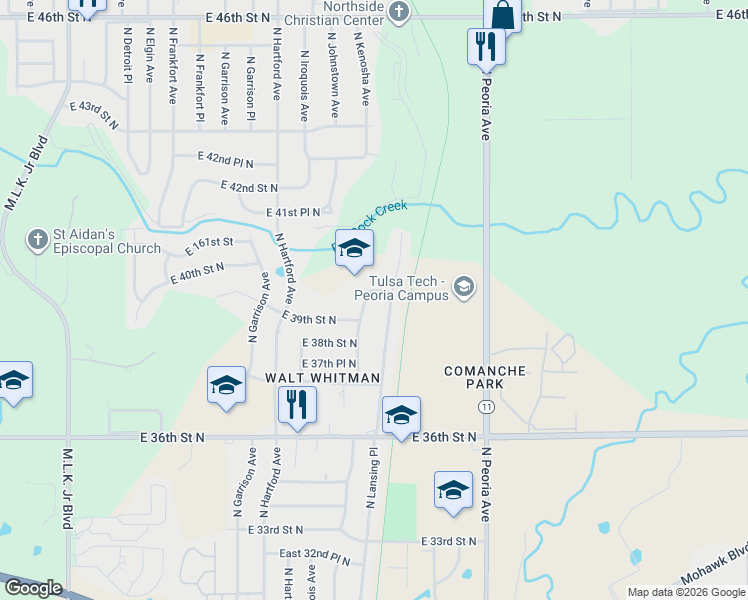 map of restaurants, bars, coffee shops, grocery stores, and more near 3909 North Lansing Avenue in Tulsa