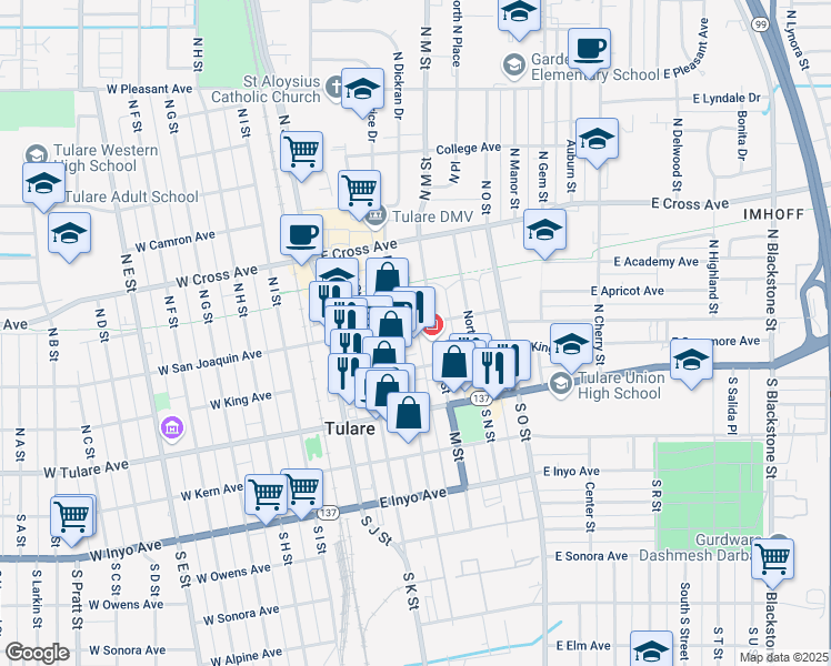map of restaurants, bars, coffee shops, grocery stores, and more near 219 North M Street in Tulare