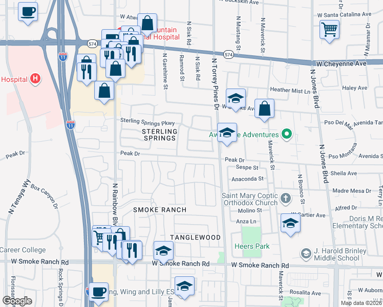 map of restaurants, bars, coffee shops, grocery stores, and more near 6437 Chippindale Lane in Las Vegas