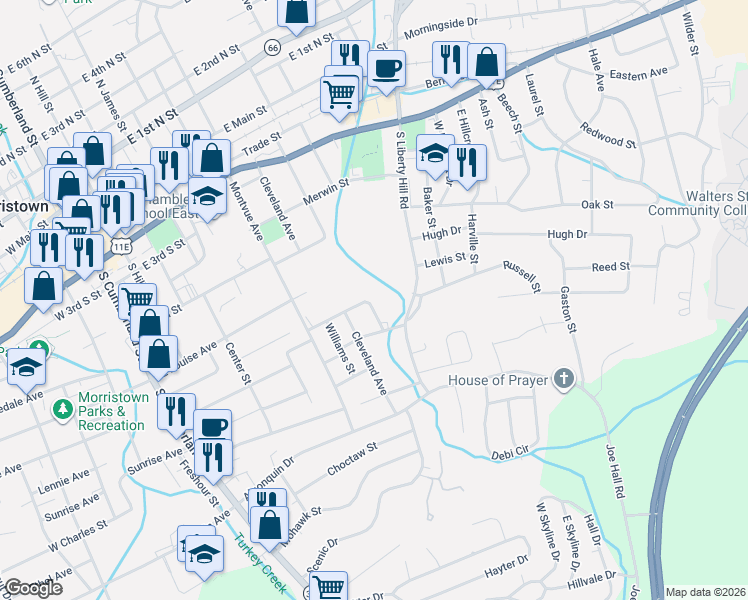 map of restaurants, bars, coffee shops, grocery stores, and more near 731 Talbott Road in Morristown