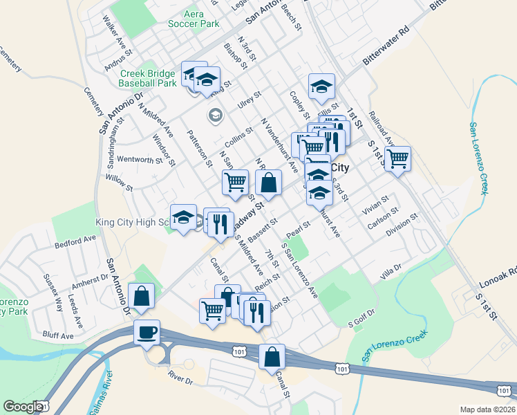 map of restaurants, bars, coffee shops, grocery stores, and more near 633 Broadway Street in King City