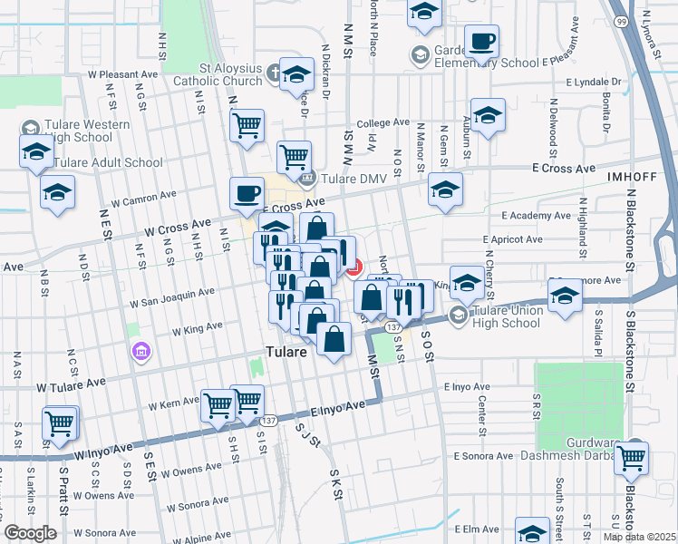 map of restaurants, bars, coffee shops, grocery stores, and more near 219 North M Street in Tulare