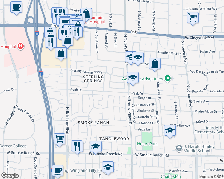 map of restaurants, bars, coffee shops, grocery stores, and more near 6437 Old Colonial Way in Las Vegas