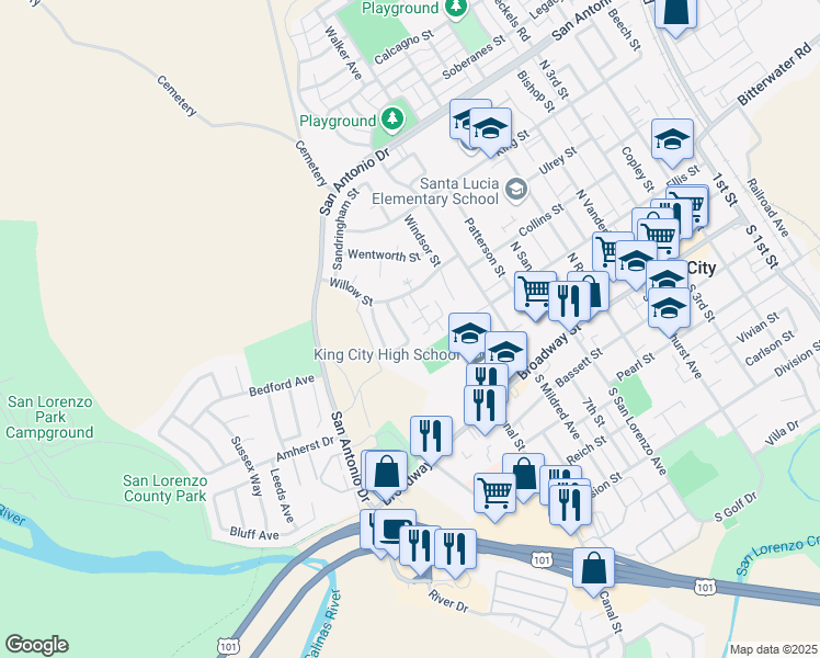 map of restaurants, bars, coffee shops, grocery stores, and more near 126 Spruce Drive in King City