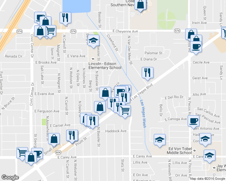 map of restaurants, bars, coffee shops, grocery stores, and more near 2821 North Dogwood Avenue in North Las Vegas